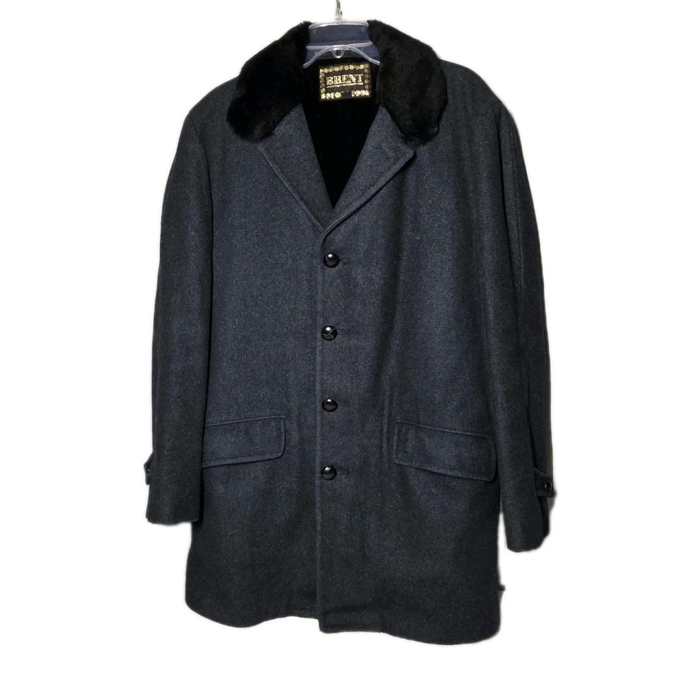 Vintage 60s BRENT Black‎ Wool Coat Faux Fur Collar 42 Leather Buttons